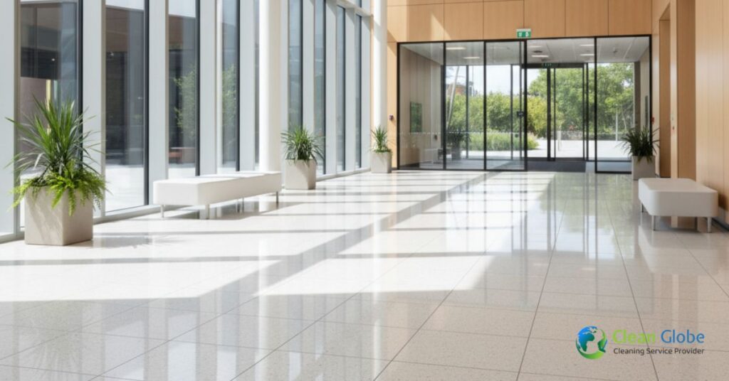 spotless, highly reflective polished light-colored tile floor in a modern, sunlit office lobby with full-height windows and wood paneling.