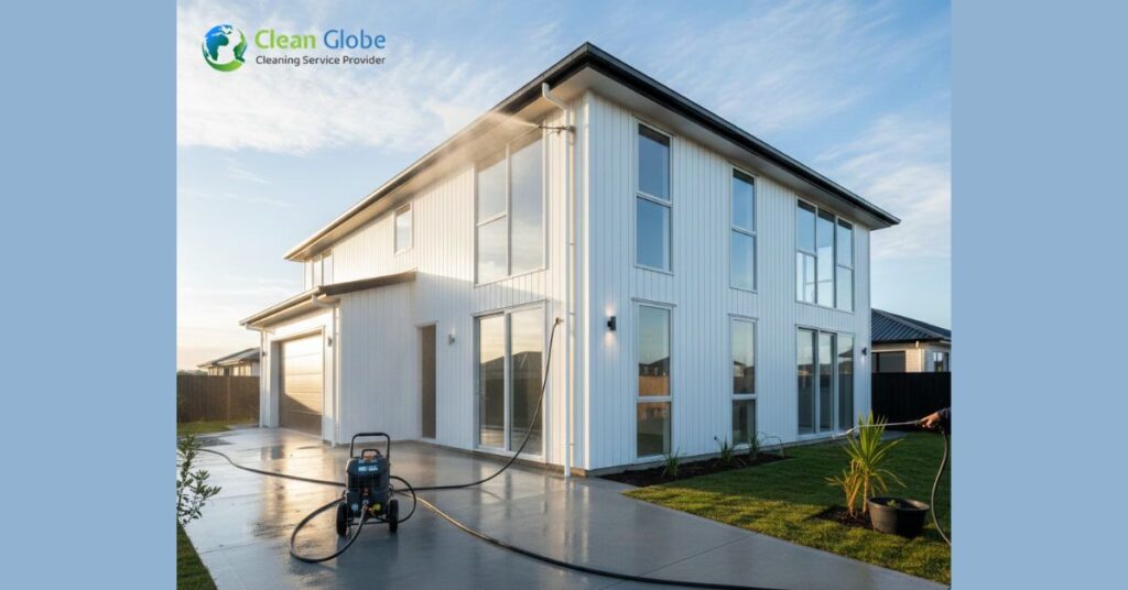 A professional high-pressure washer cleans the exterior of a modern, two-story white residential home in Christchurch under a clear blue sky.