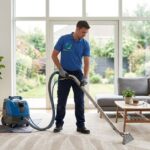 Professional carpet cleaning removing deep dirt from home carpet.