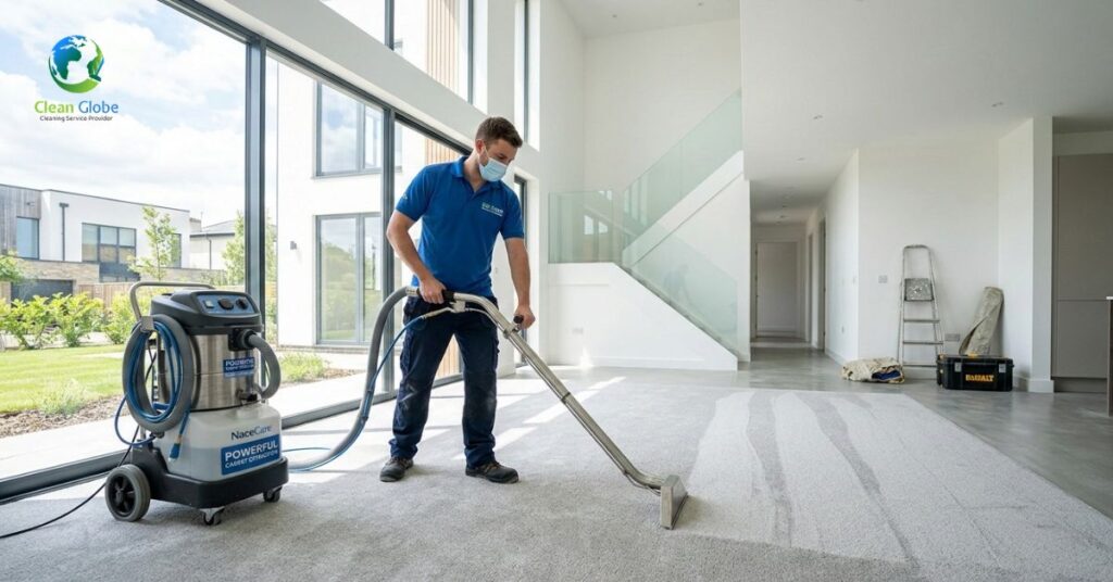 Professional cleaner performing carpet cleaning in a newly built home interior.